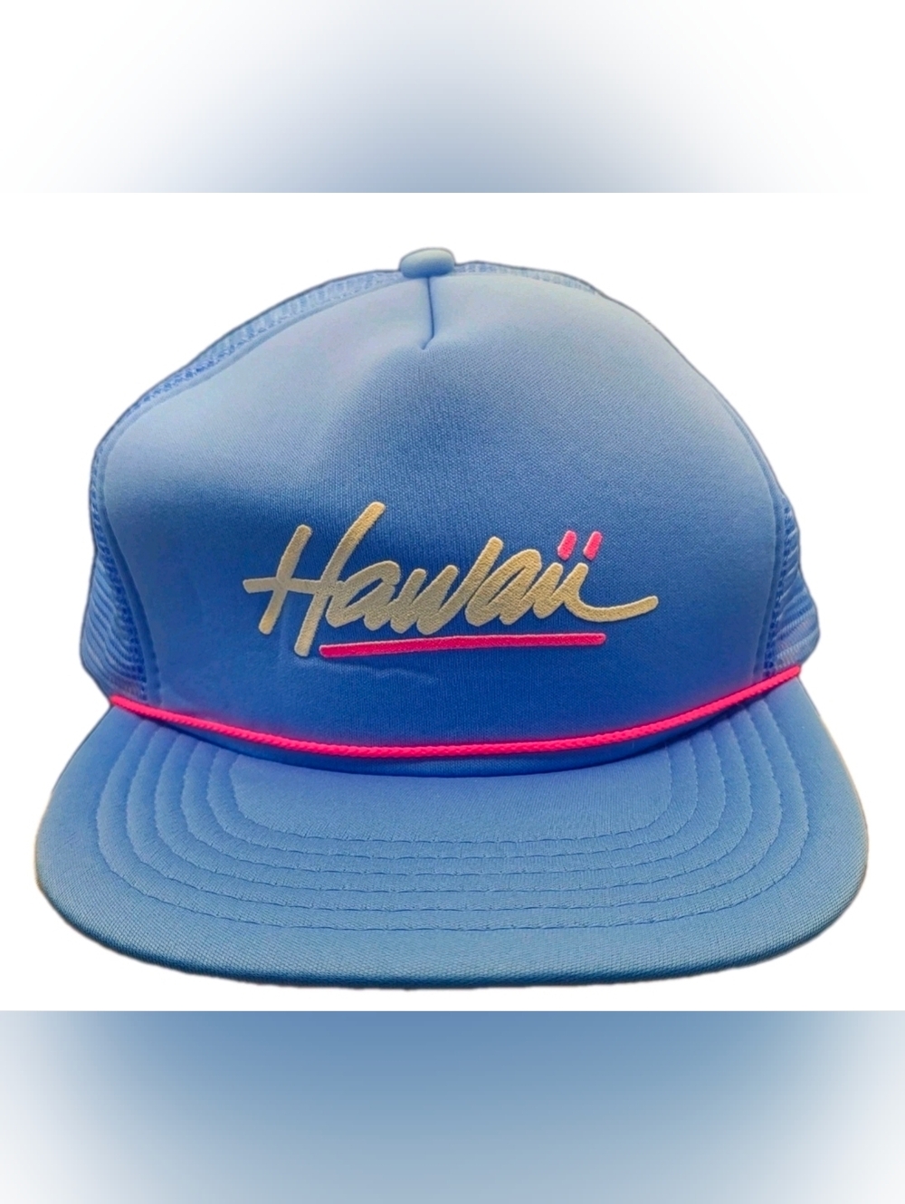 Vintage 80s Hawaii Trucker Hat Puffer Print Blue Pink Rope Snapback Mesh Cap